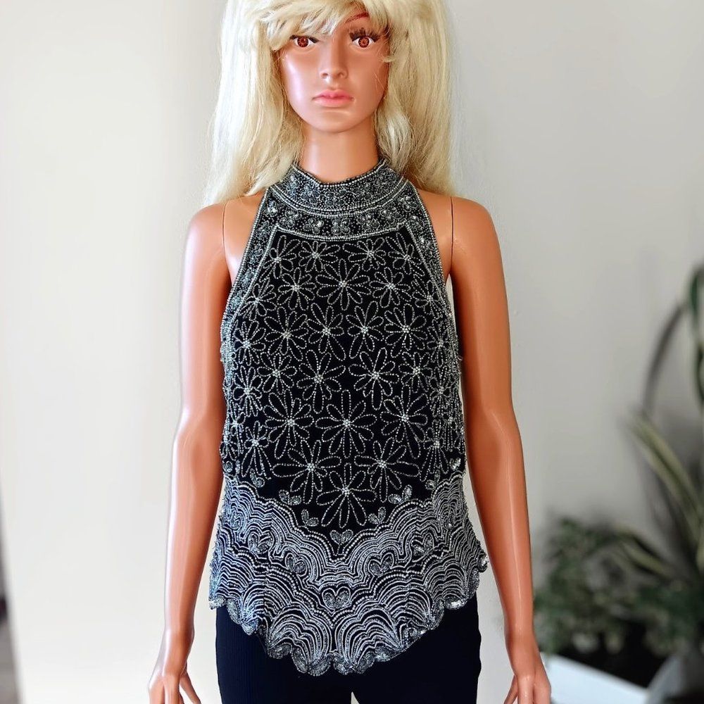Vintage Silver Beaded Black Silk Blouse by PAPELL BOUTIQUE, Size XL, New